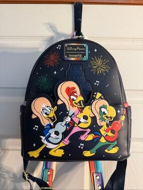 Loungefly Black Mariachi Three Caballeros Mini Backpack with Rainbow Straps